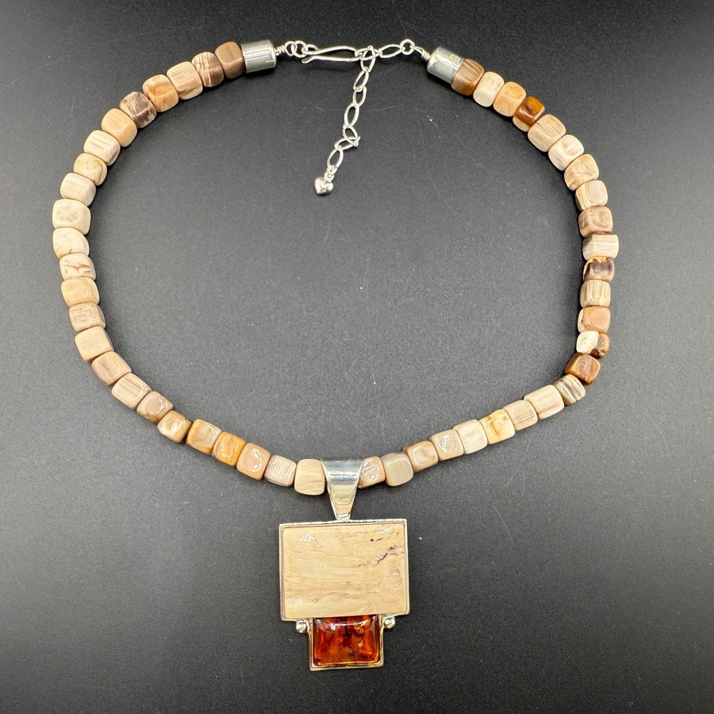 Vintage Jay King Necklace Brown‎ Stone and Amber Signed DTR  19"